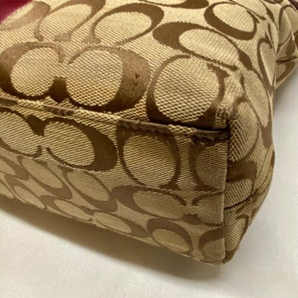 Coach Signature Stripe Shoulder Bag F28504 Patent Leather Trim Tan Raspberry GUC - Picture 8 of 16